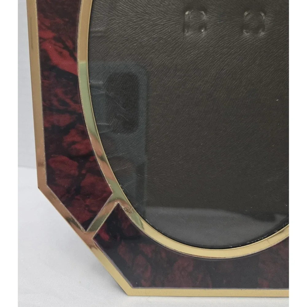 MCM Vintage Brass & Red Faux Tortoise Octagon Tabletop Frame Oval Glass Window